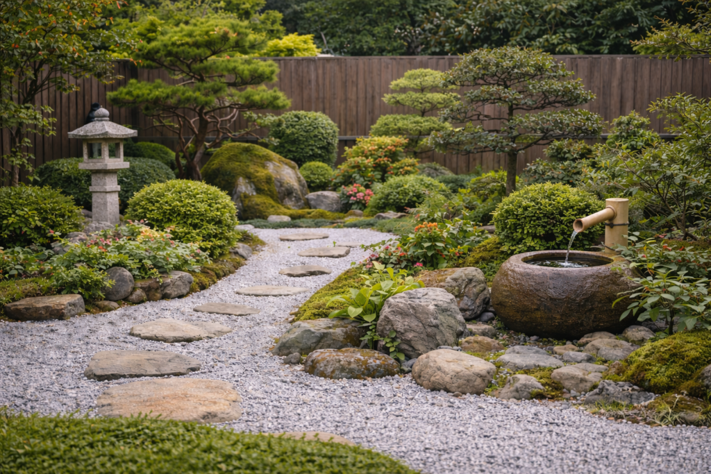 庭づくり施工後の様子　飛び石と石灯籠を配置した和風庭園
