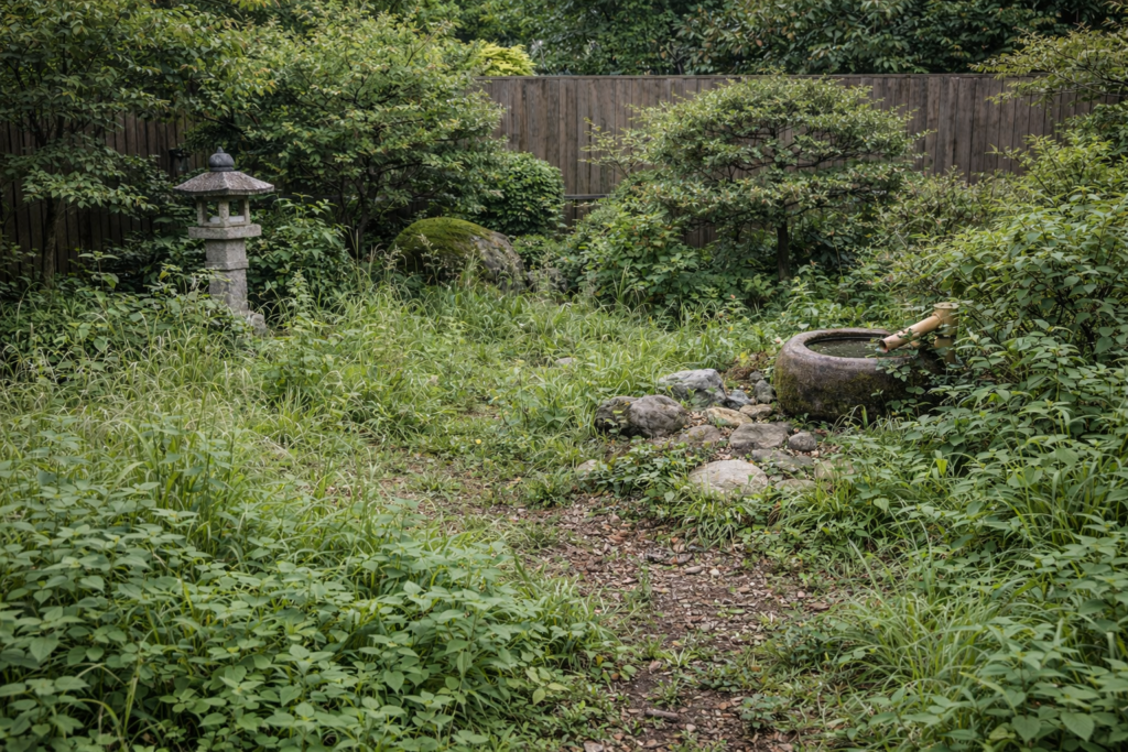 庭づくり施工前の様子　雑草が生い茂った和風庭園