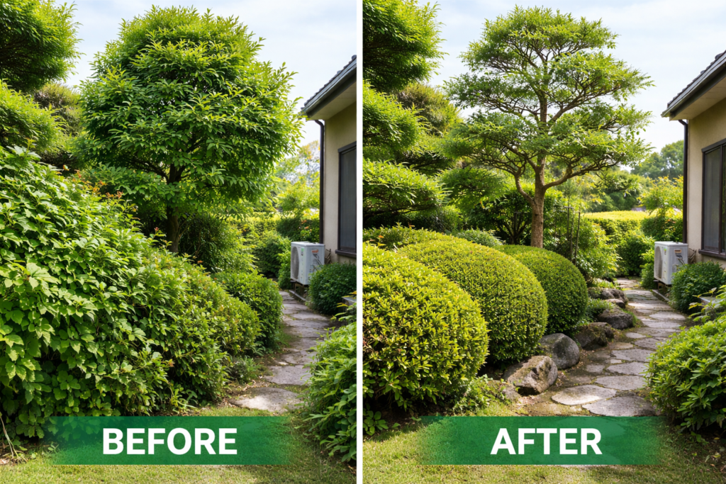 庭木の剪定ビフォーアフター（剪定前と剪定後の比較）