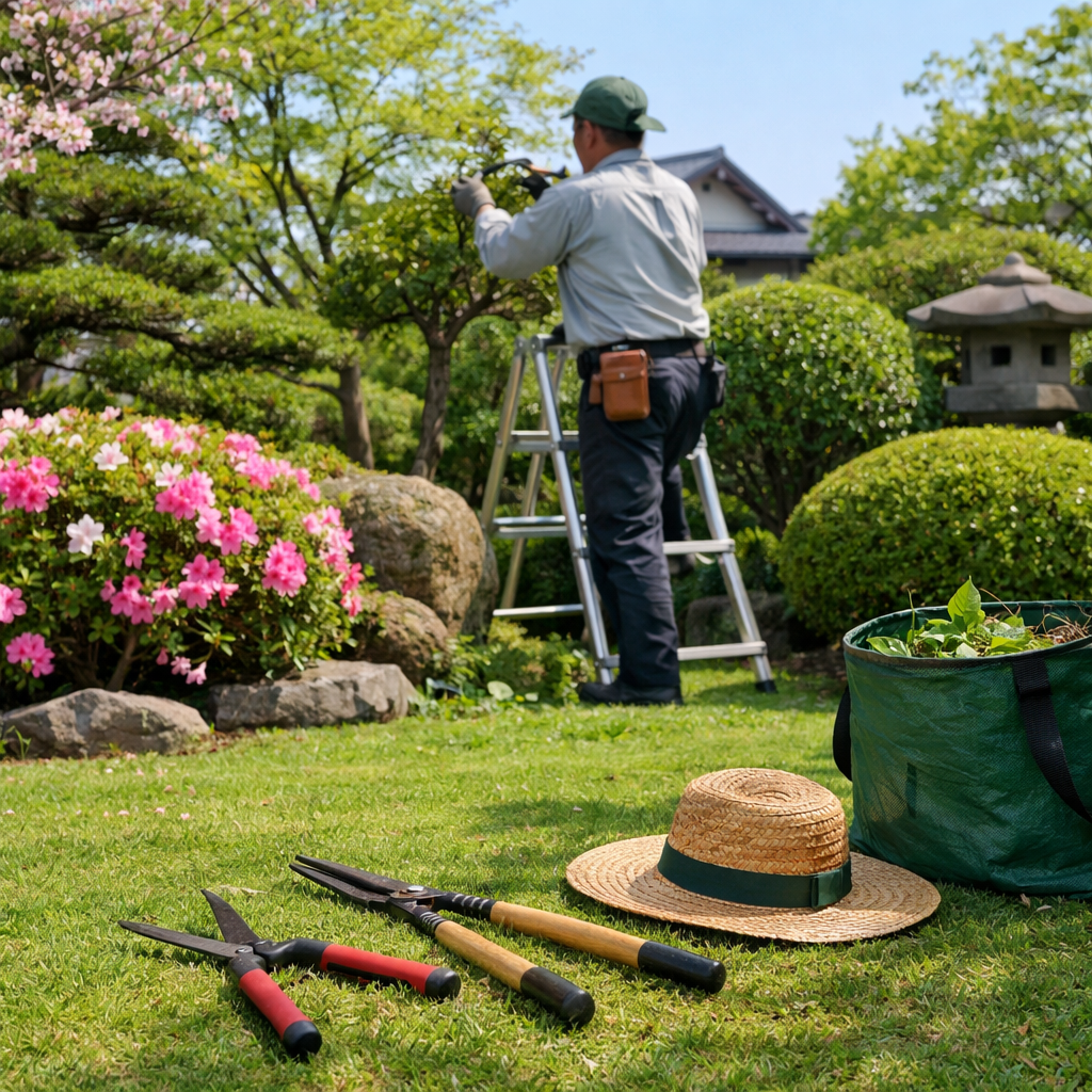 春の庭で庭木の剪定作業をする造園スタッフの様子
