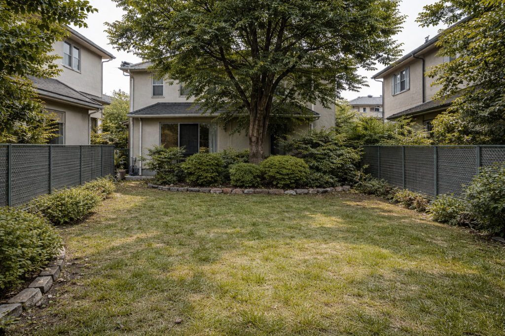 庭木伐採作業前の様子　2階付近まで伸びた庭木のある住宅の庭