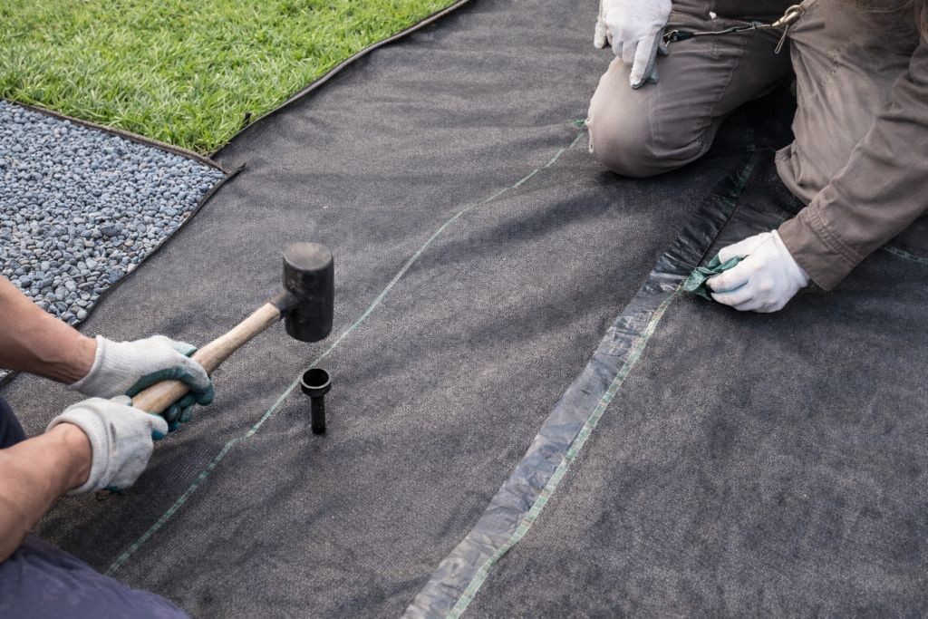 防草シートを敷いて固定ピンで留めている施工の様子
