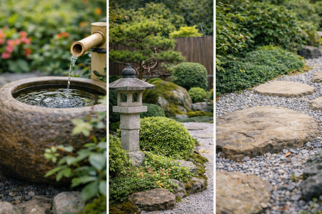 庭づくり施工後のつくばい　竹の水口と手水鉢の様子